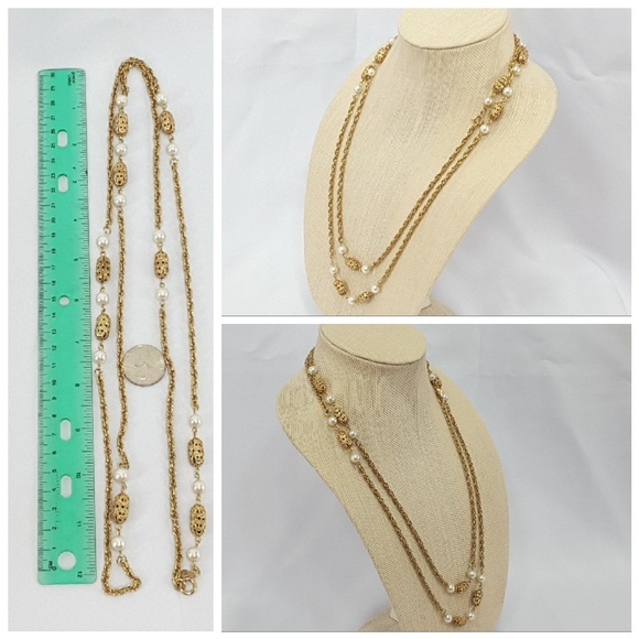 Extra long goldtone beaded necklace - Picture 5 of 8